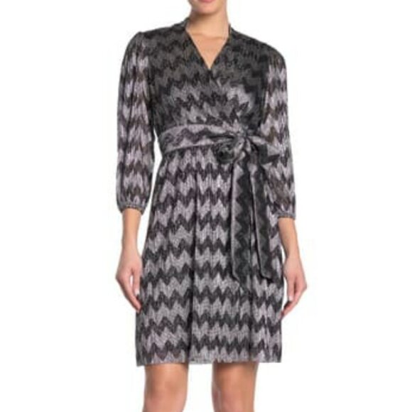 Eliza J.  Black/Silver Metallic Chevron Faux Wrap Dress Sz 14 - Picture 1 of 14